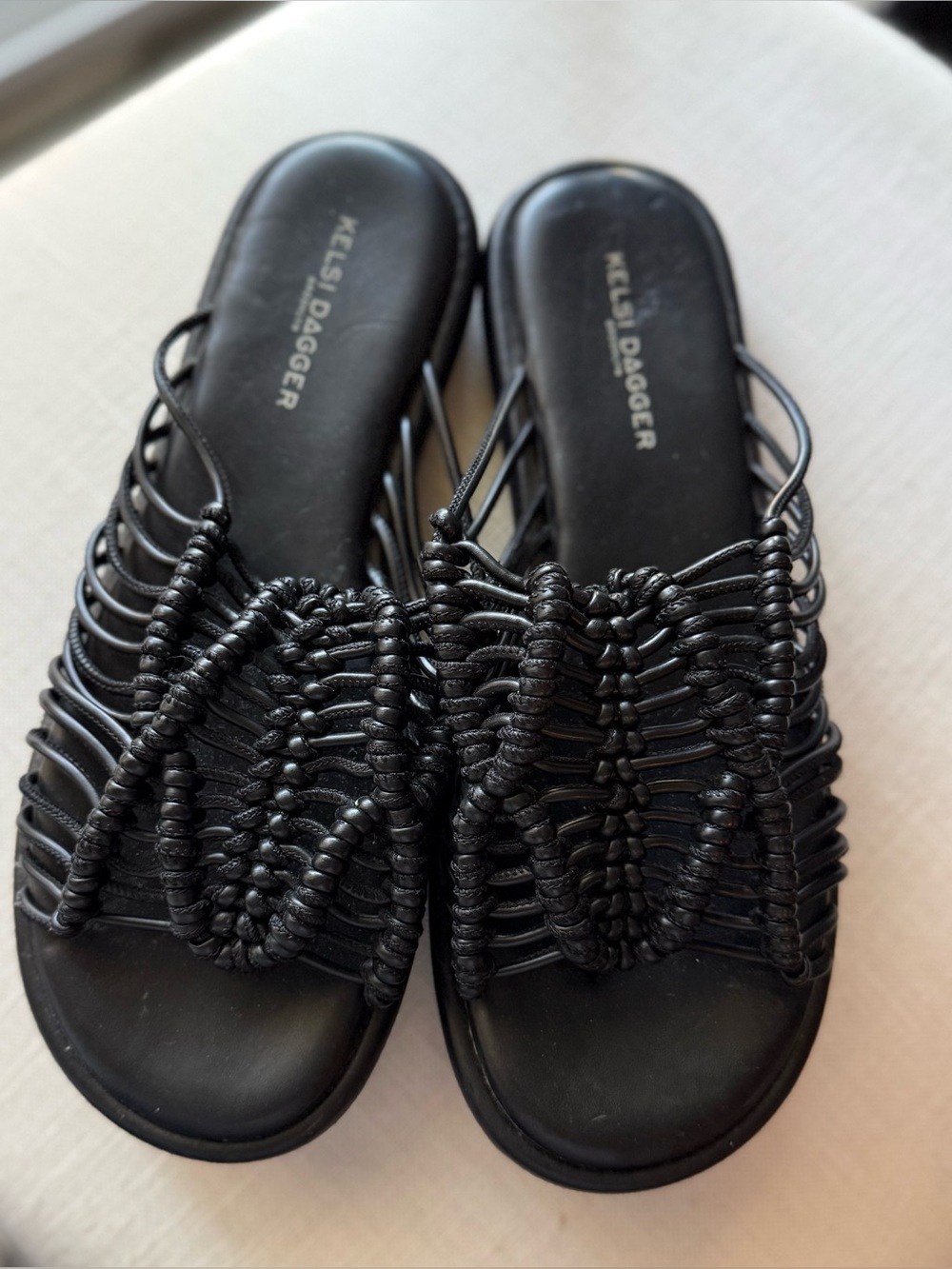 Kelsi Dagger Black Braided Slide Sandals with Knotted Detail